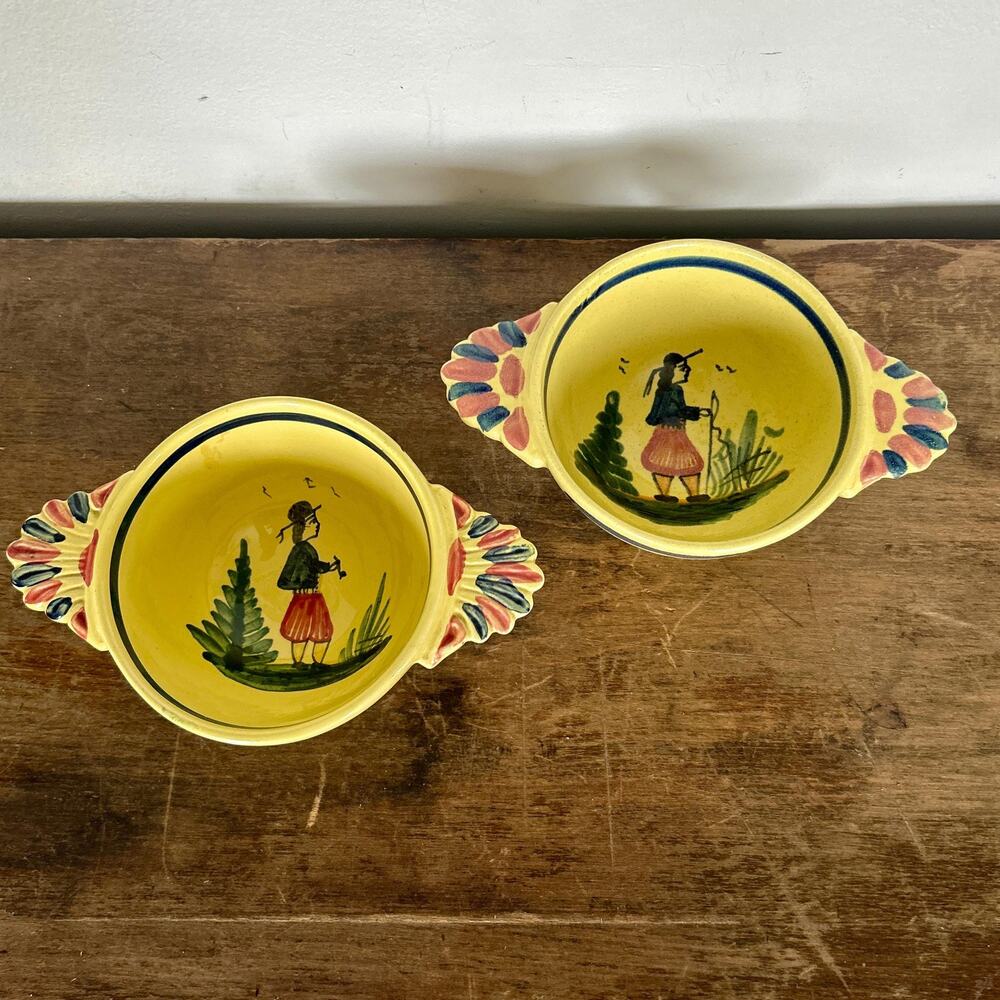 Antique Quimper Soleil Yellow Octagonal Lady Lugged Bowls French Pottery, Signed